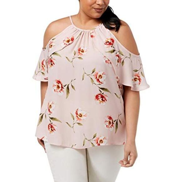 Soprano Trendy Plus Size Printed Cold Shoulder Ruffle Top - Picture 2 of 3